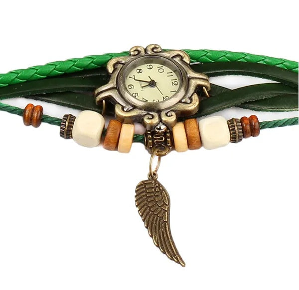 Vintage Boho Leather Women’s Watch – Angel Wing Detail