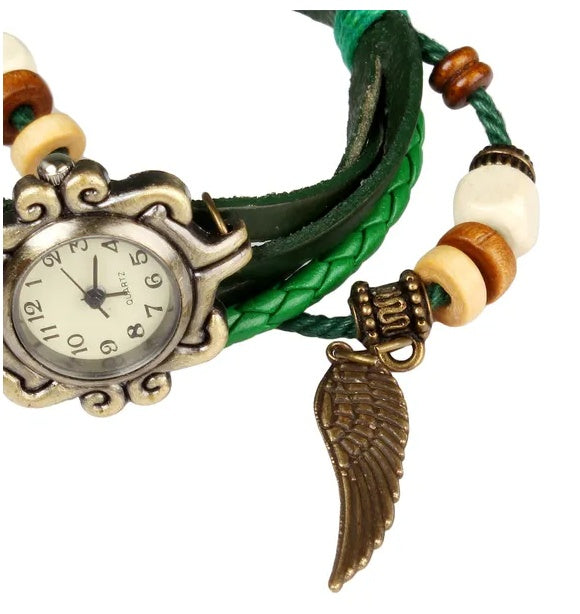 Vintage Boho Leather Women’s Watch – Angel Wing Detail