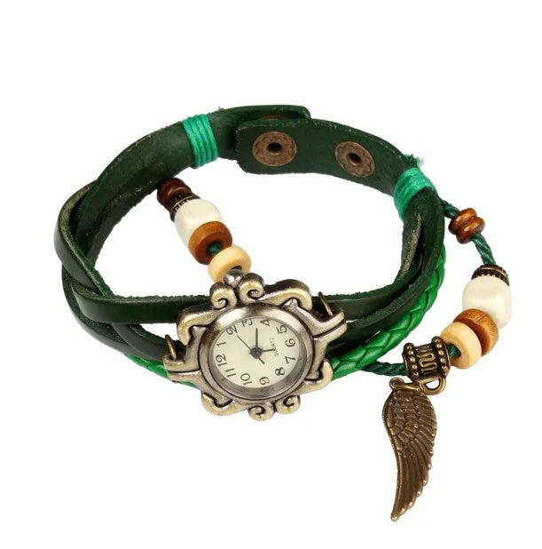 Vintage Boho Leather Women’s Watch – Angel Wing Detail
