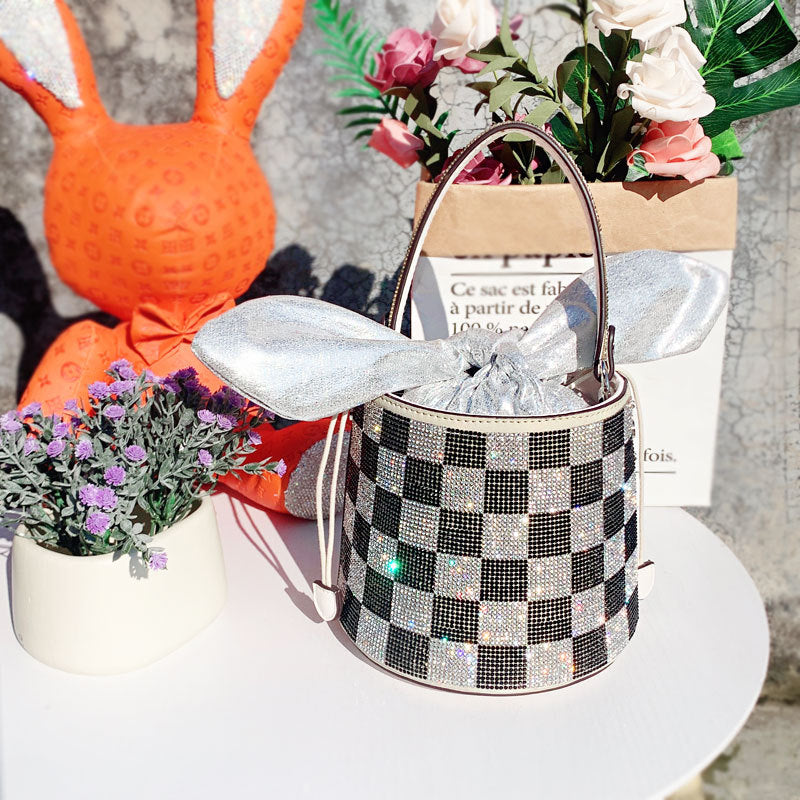 Women’s Small Diamond-Inlaid Bucket Bag – Elegant Mini Handbag