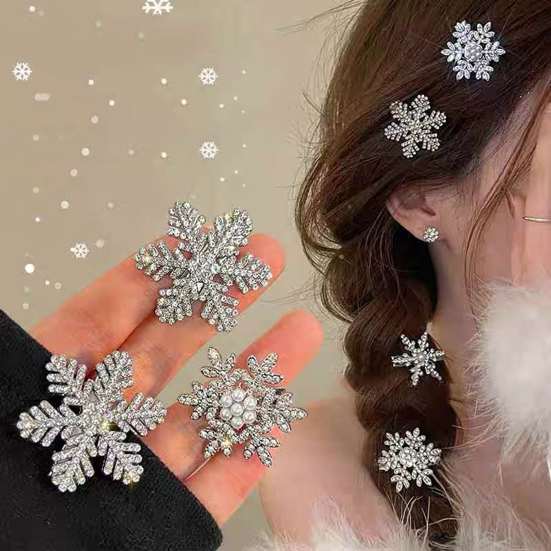 Crystal Snowflake Pearl Hair Clip – Winter Retro Flower Bobby Pins for Women & Girls